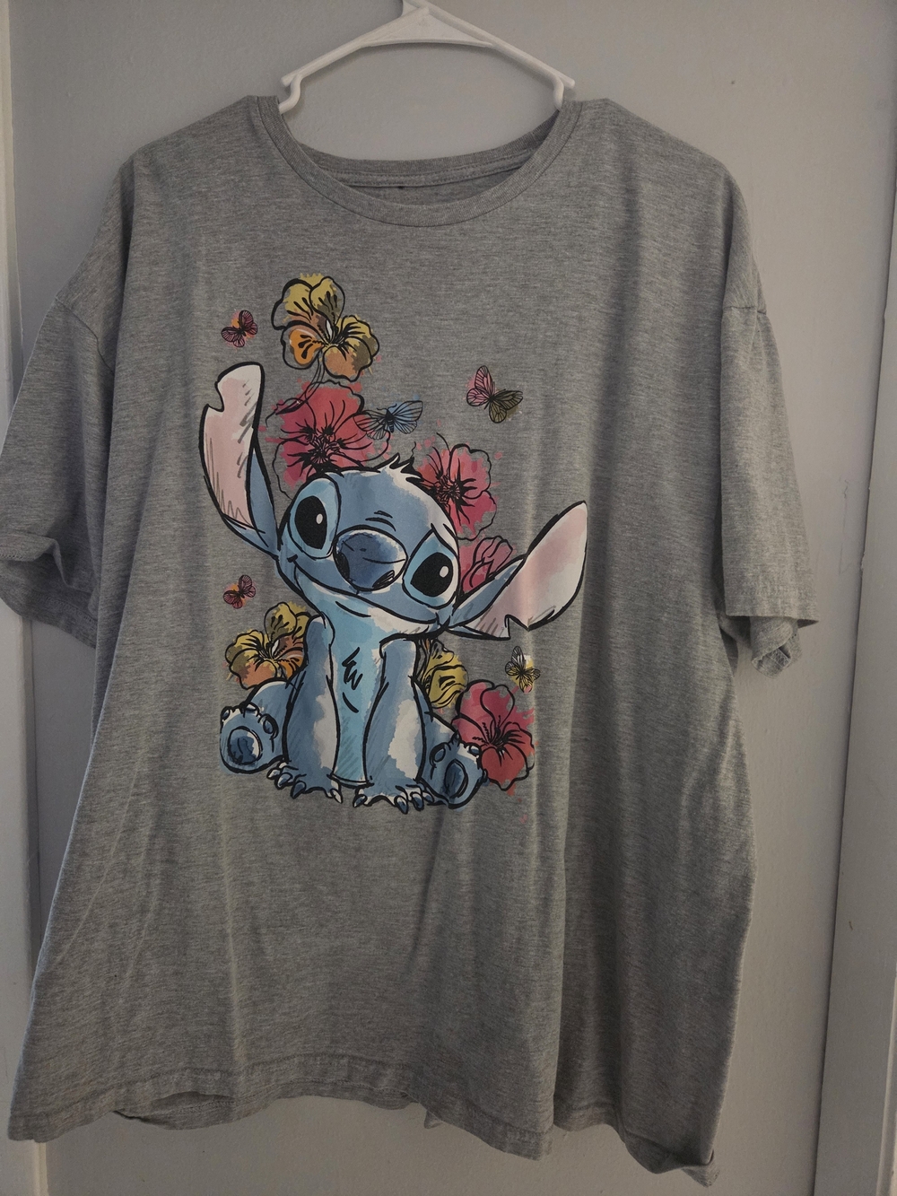 Disney Gray Tee with Blue Stitch and Pink & Yellow Florals